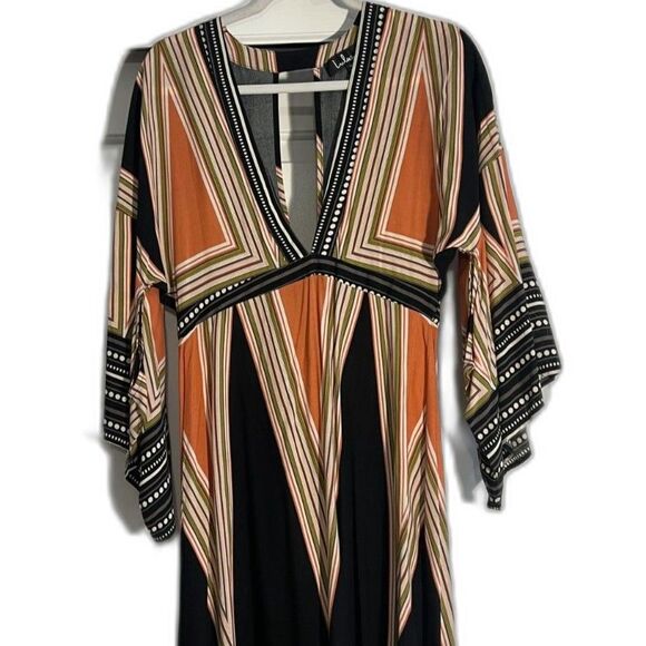 Lulus Montecito Maxi Dress Kimono Sleeves Metro Deep V front & back Hostess Sz M - Picture 4 of 12
